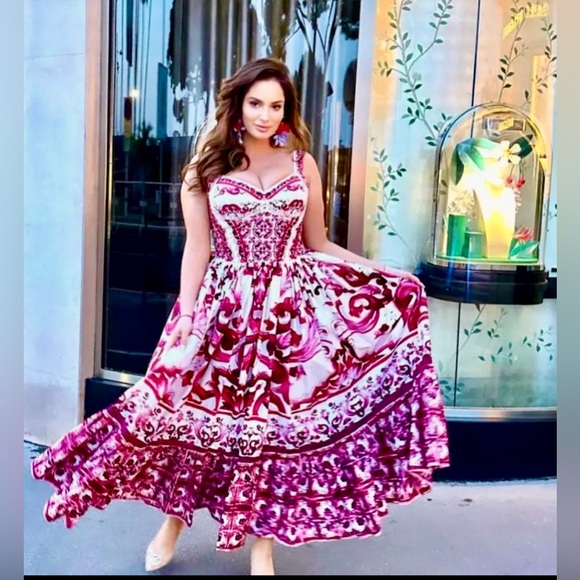 Italian Designer Style Custom Made Magenta Pink & White Majolica Maxi Dress XL - Picture 3 of 6